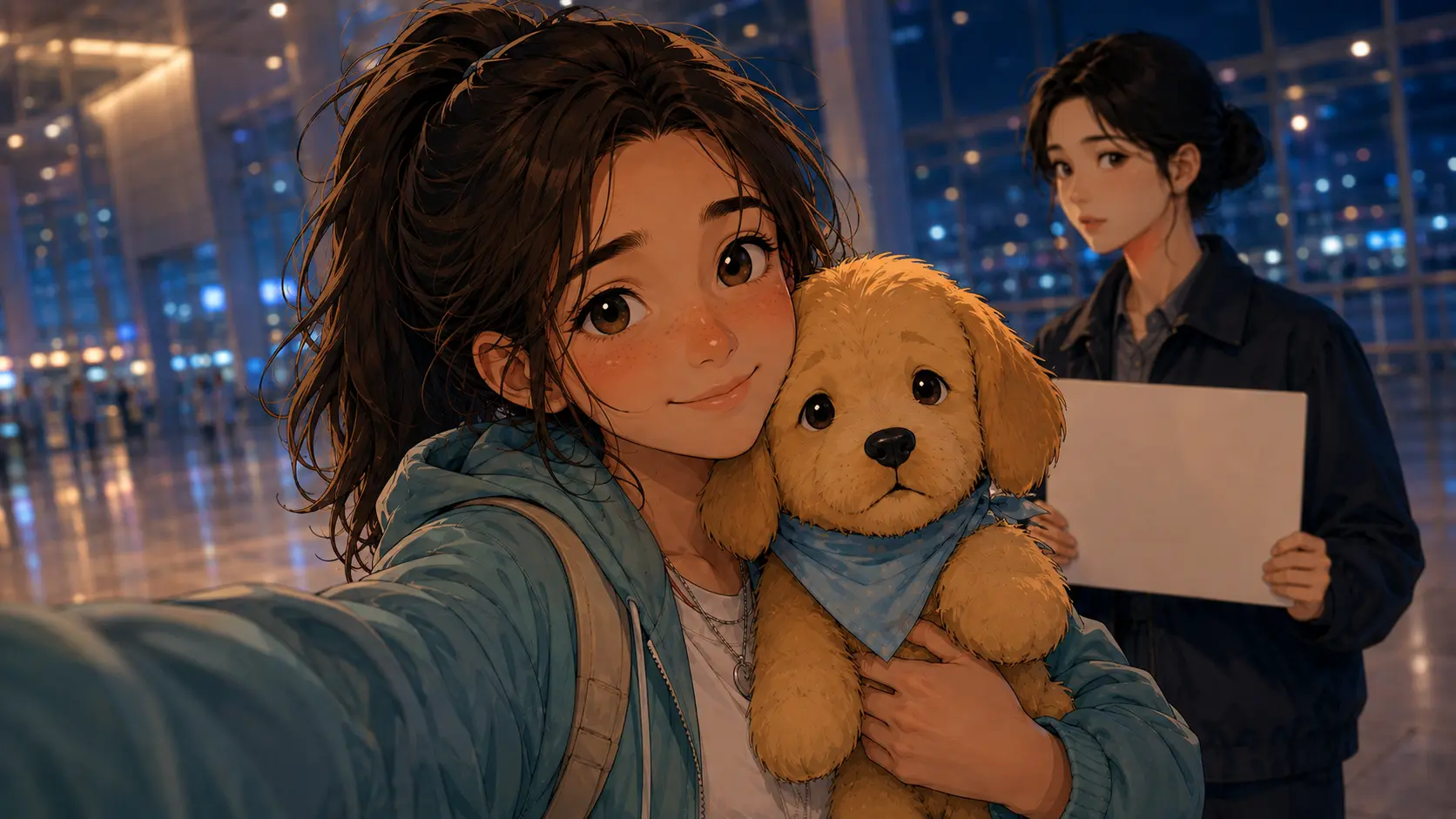 Maya's airport selfie with Biscuit
