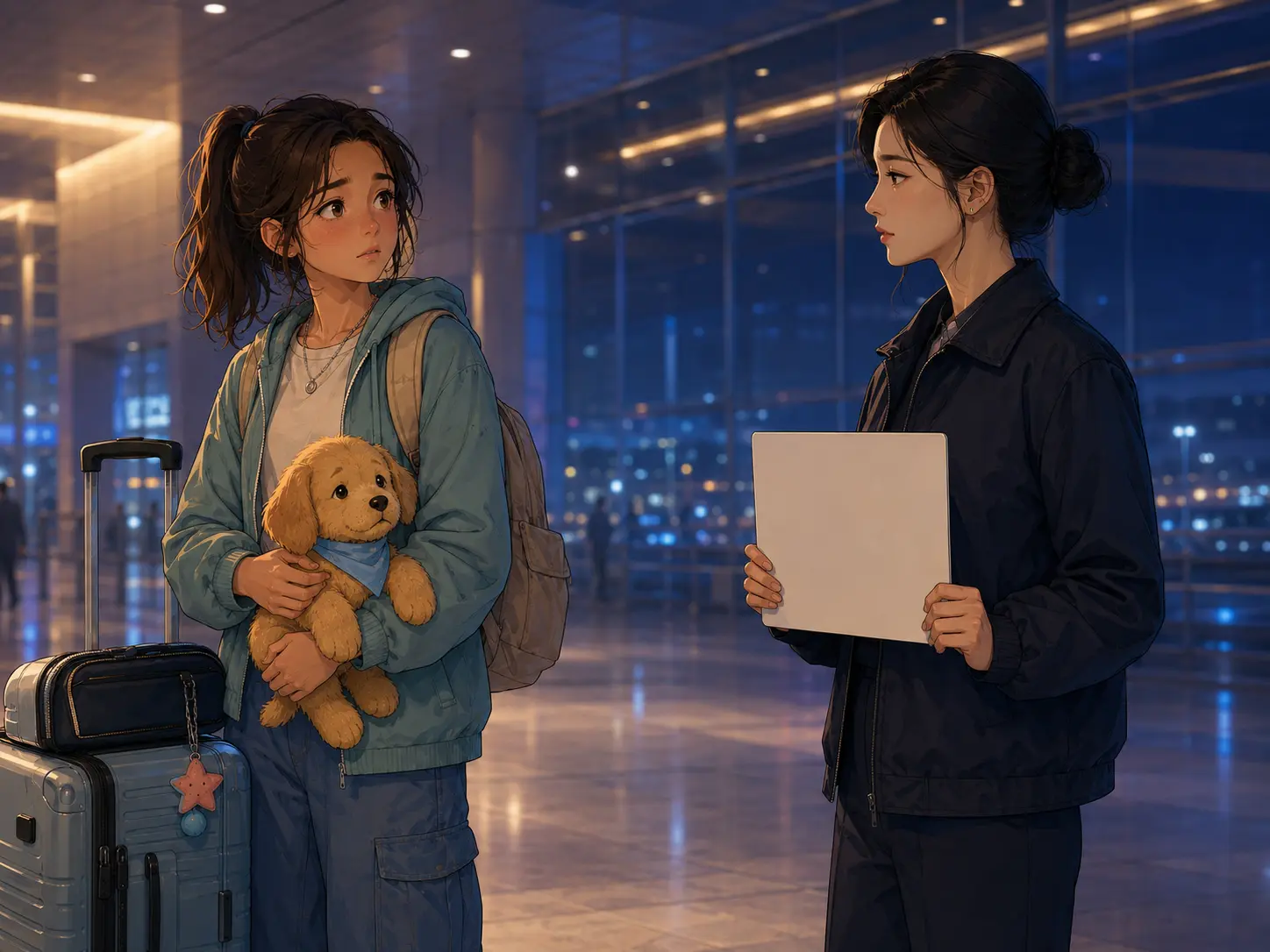 Maya meets Jiyoon holding the pickup sign