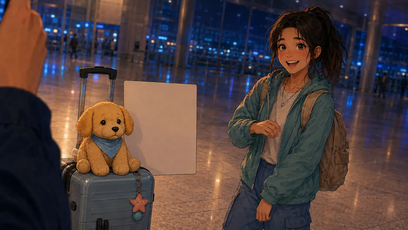 Biscuit sitting on Maya's suitcase