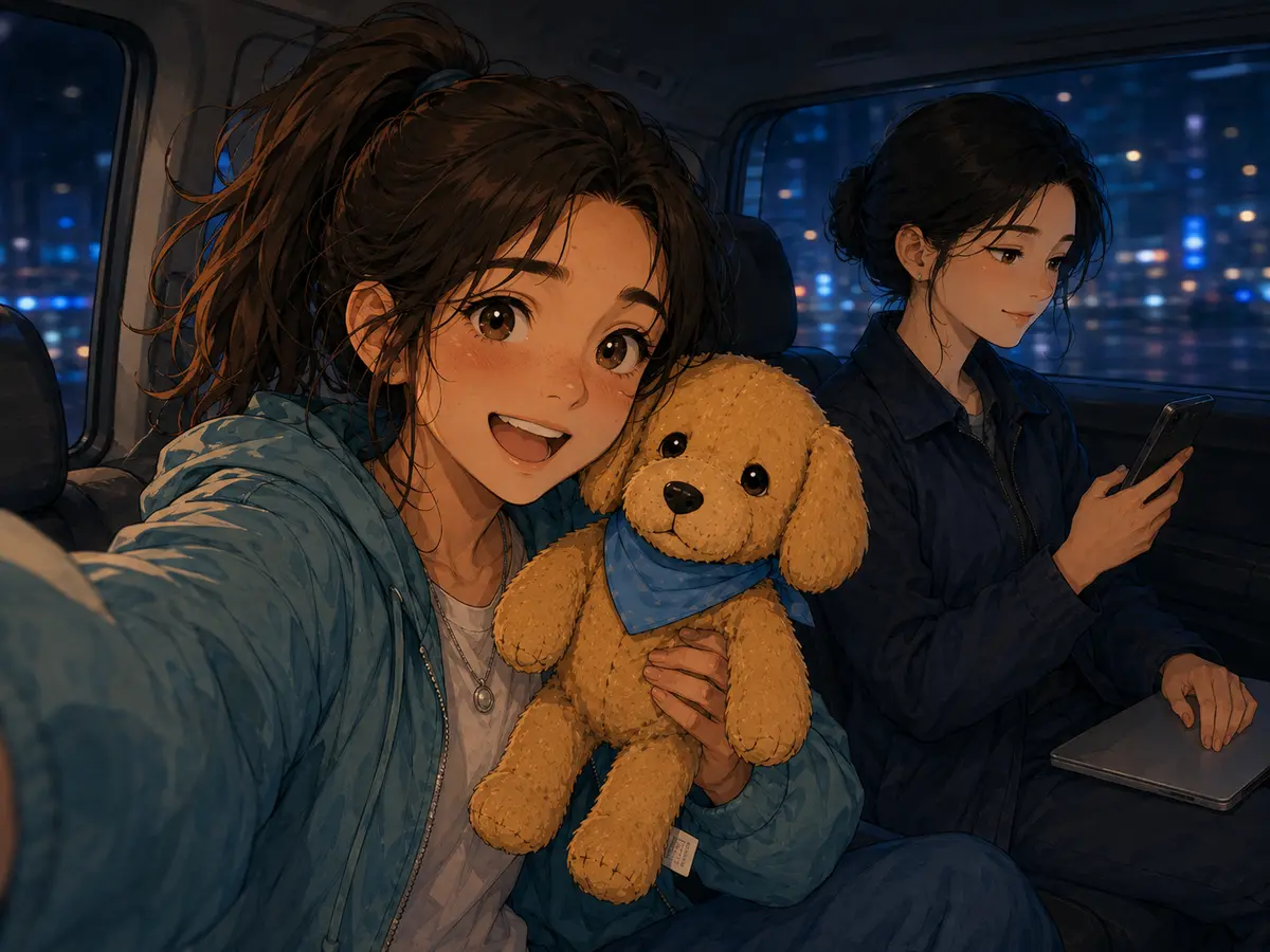 Maya takes a relieved selfie with the stuffed Biscuit inside the van
