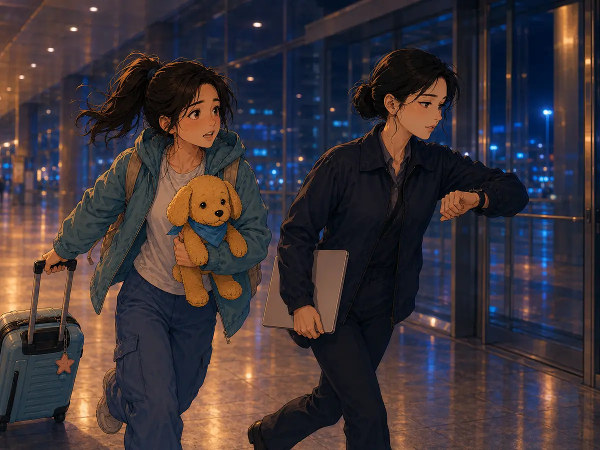 Maya and Jiyoon hurry through Incheon Airport with Biscuit