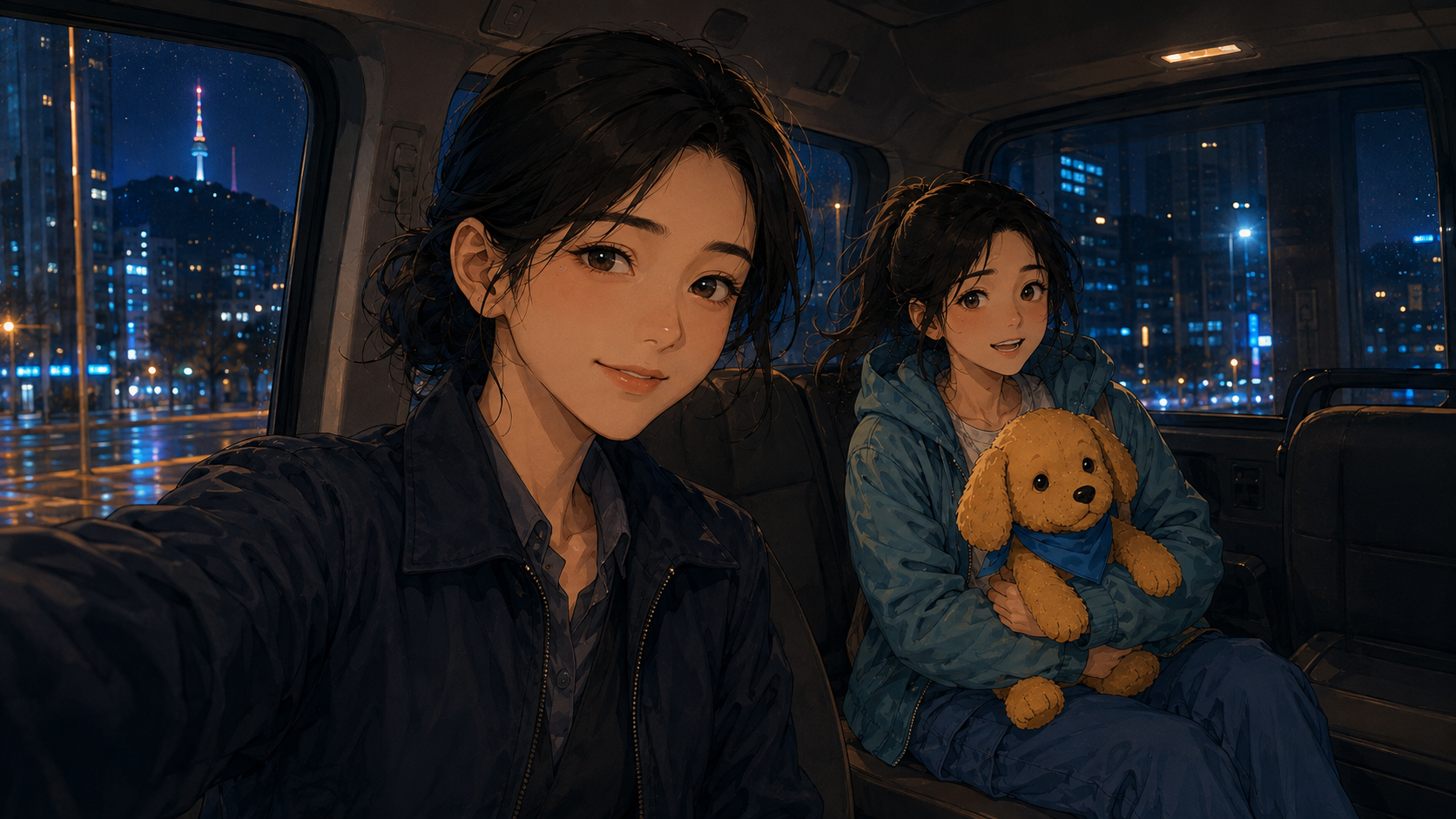 Jiyoon takes a van selfie with Maya and Biscuit safely visible behind her